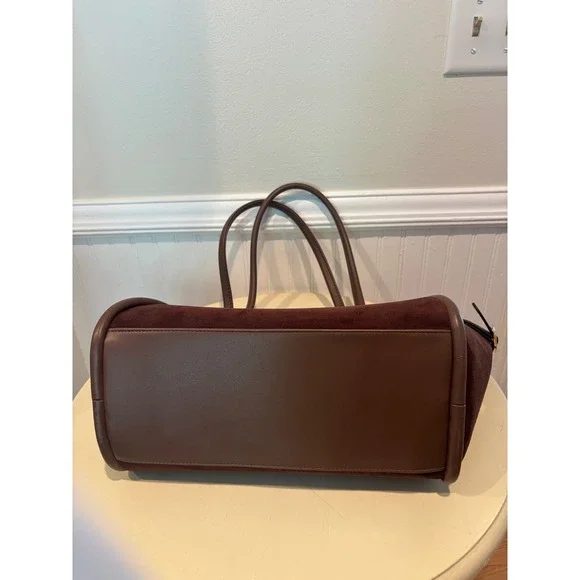 ASOS DESIGN Brown Faux Suede Tote Bag Tan Trim Gold Buckle Large Shoulder Bag - Picture 4 of 11